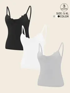 3 piece set, solid color V-neck lace-trimmed casual sleeveless spaghetti women's camisole tank top, high elasticity, non-slip, for running and yoga, suitable for casual wear inside and outside