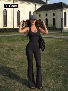 Women's Fashion One-Piece Halter Neck Jumpsuit, High Stretch Breathable Fabric, Bust & Hip Sculpture, Backless Wide Leg Pants, Versatile for Sports, Commuting, Dance, Casual Fit