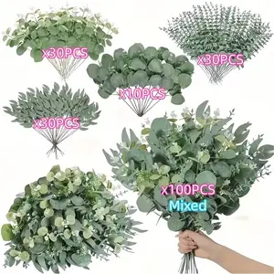 100pcs Wedding Season Exclusive Nordic Style Artificial Flowers, 4 Mixed Eucalyptus Leaves Stems Set, DIY Floral Arrangement Materials