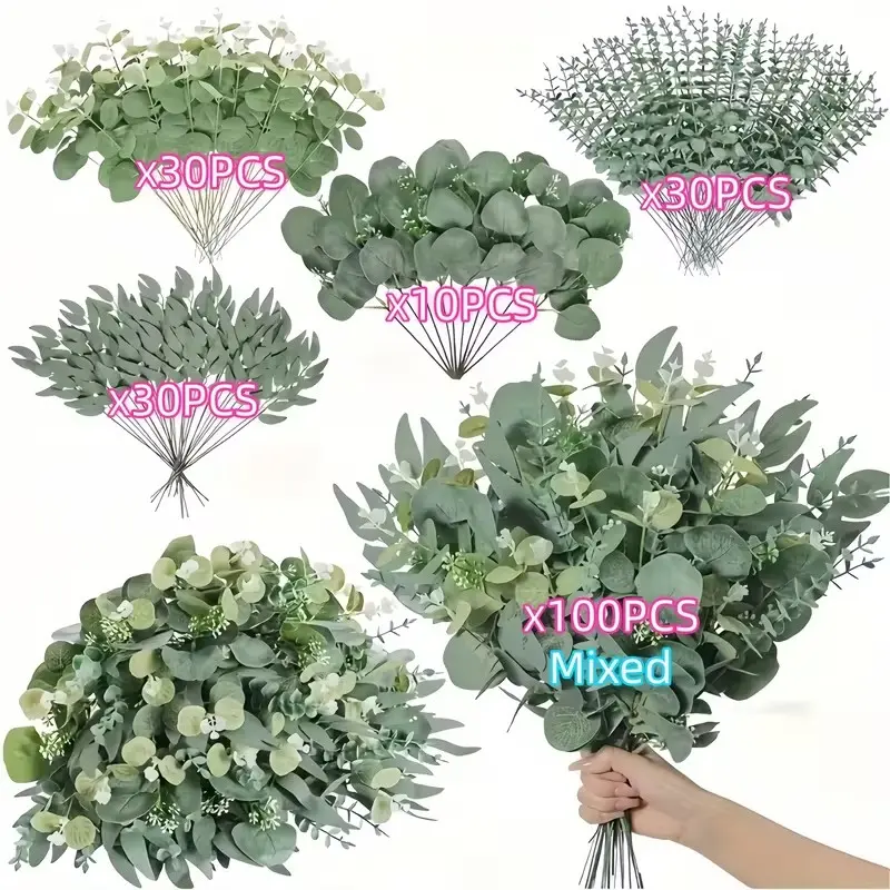 100pcs Wedding Season Exclusive Nordic Style Artificial Flowers, Fake Decorative Flowers, Artificial Plant Decor, 4 Mixed Eucalyptus Leaves Stems Set, DIY Floral Arrangement Materials, Artificial Faux Plants