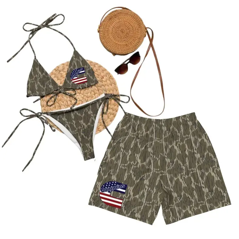 Matching Cummins US Flag Camo Bottomland Swimsuits for Couples - Swim Bra Tie Side Thong Bikini Men's Beach Shorts, Summer Vacation Swimsuit, Hawaiian Shirt Style, Aloha Beach Outfit, Casual Holiday Bathing Suit