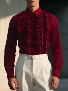 INCERUN Men Shirt Basic Solid Color Velour Ruffle Lapel Long Sleeve Lapel Casual Men Clothing Streetwear Fashion Elegant Tops Camisas