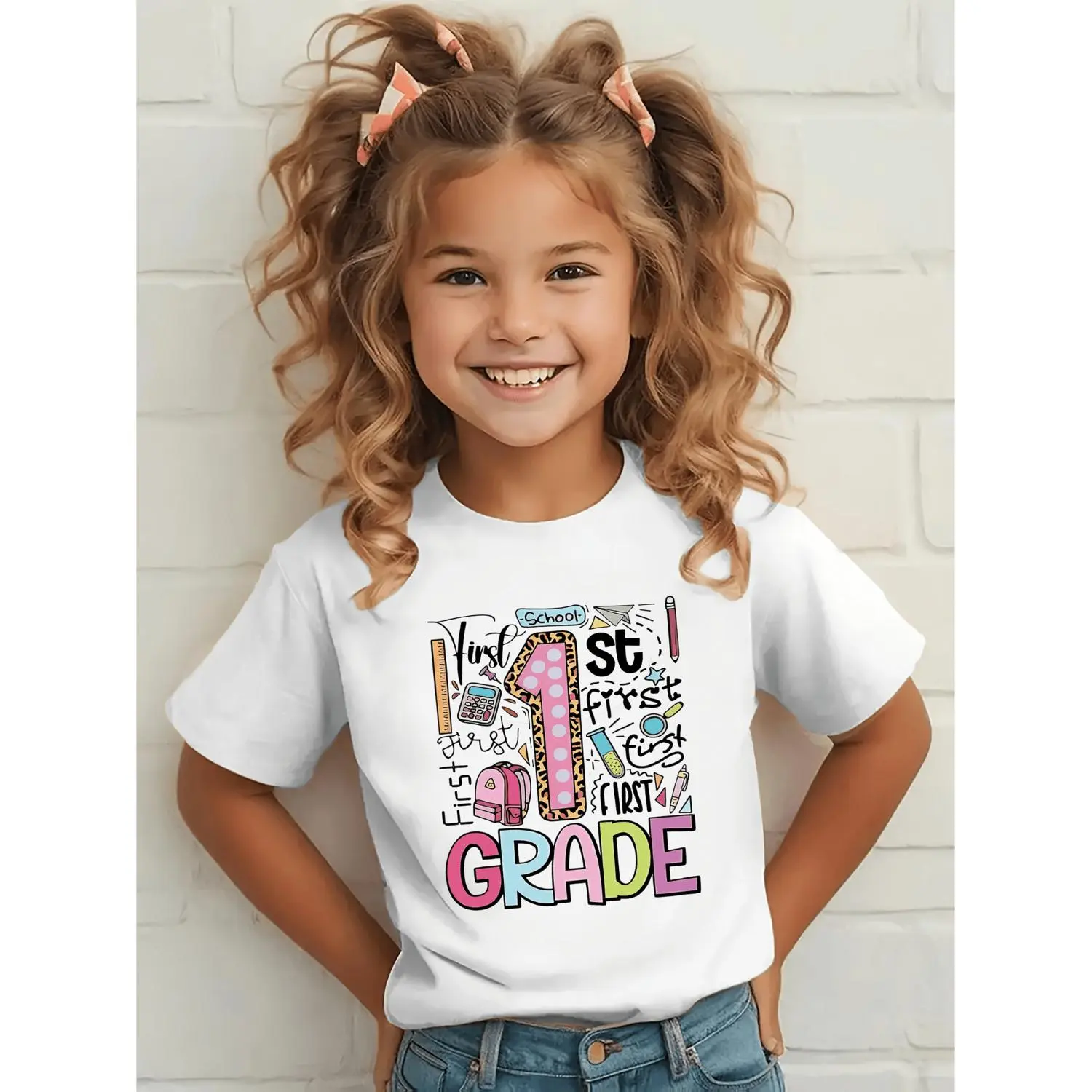 Girls' Grade 1 Back-To-School Theme Print T-Shirt, Cute First Day of School Short Sleeve Round Neck, Casual Top