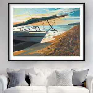 212 MAIN Framed Matted Print Wall Art - 36x48 in. Artistic Seascape Ocean-Inspired Blue Boat Artwork, Peaceful Seaside Home Decor for Living Spaces, Ocean Inspired Design Home Supply Poster & Print