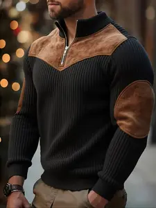 Men's Stand Collar Pullover Sweater, Autumn Winter Warm Half Zipper, Solid Color Patchwork Ribbed Retro Streetwear Sportswear