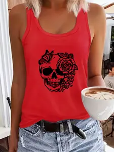 Women's Floral & Skull Print Tank Top, Tank Top Straps, Casual Sleeveless Top for Daily Wear, Ladies Clothes for All Seasons, Socks