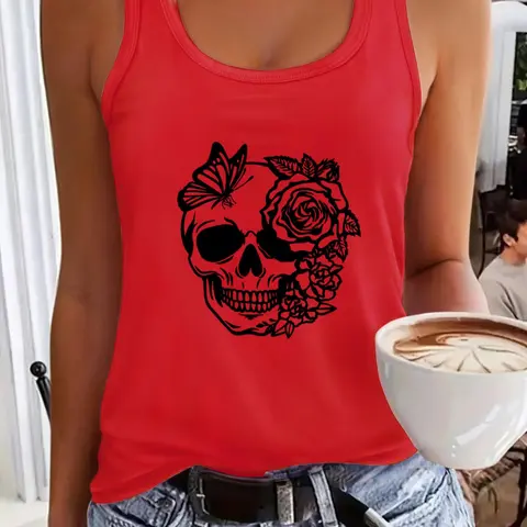 Women's Floral & Skull Print Tank Top, Tank Top Straps, Casual Fashion Sleeveless Top for Daily Wear, Ladies Clothes for All Seasons, Socks, Sleeveless Shirt, Vest Tank Top, Floral Tank Tops