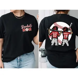 180g[100%cotton]Baseball Mom Custom Shirt – Personalized Mama Shirt for Women, Add Two Children’s Names & Numbers, Fun Mother’s Day Gift, Soft Cotton Tee, Mom Life Humor, Baseball Mom Life, Customizable
