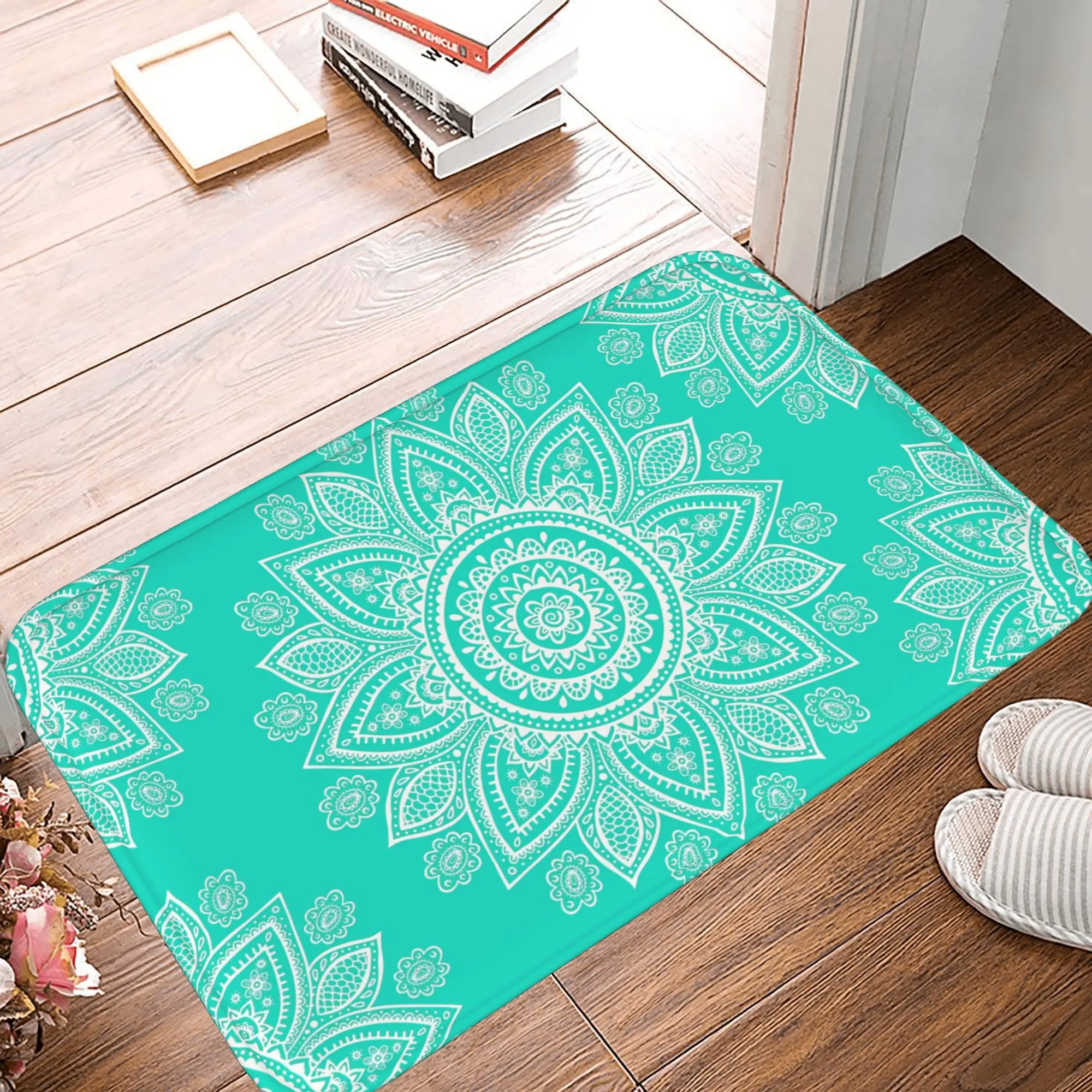 Bohemian Teal Mandala Doormat   Vibrant Henna Inspired Welcome Mat, Non Slip & Washable, Perfect for IndoorOutdoor Use, Stylish Home Decor