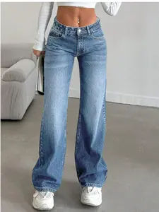 Women's Deep Wash Blue Elastic Denim Jeans, Low Waist Straight Leg Design, Loose Fit, New Fashion Trendy Versatile Casual Style Womenswear Bottom Trouser Pants