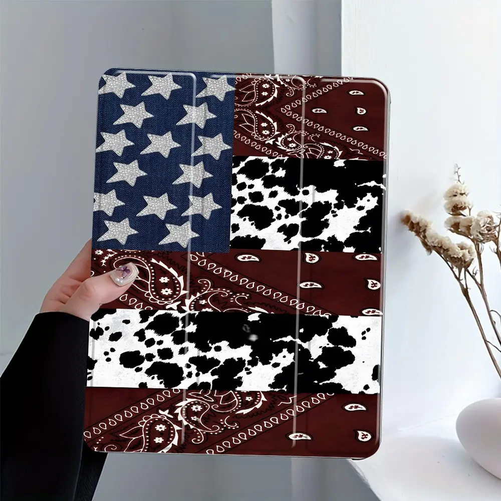 Western Flag Cow Print Tablet Case, 3-Tier Stand Acrylic Hard Back with Pencil Slot, Auto Wake/Sleep Shockproof Full Cover, Flip Cover, Tablet Protective Cover, Fits 7.9/8.3/10.2/10.5/10.9/11 Inch Tablets, Western & Patriotic Style Lovers