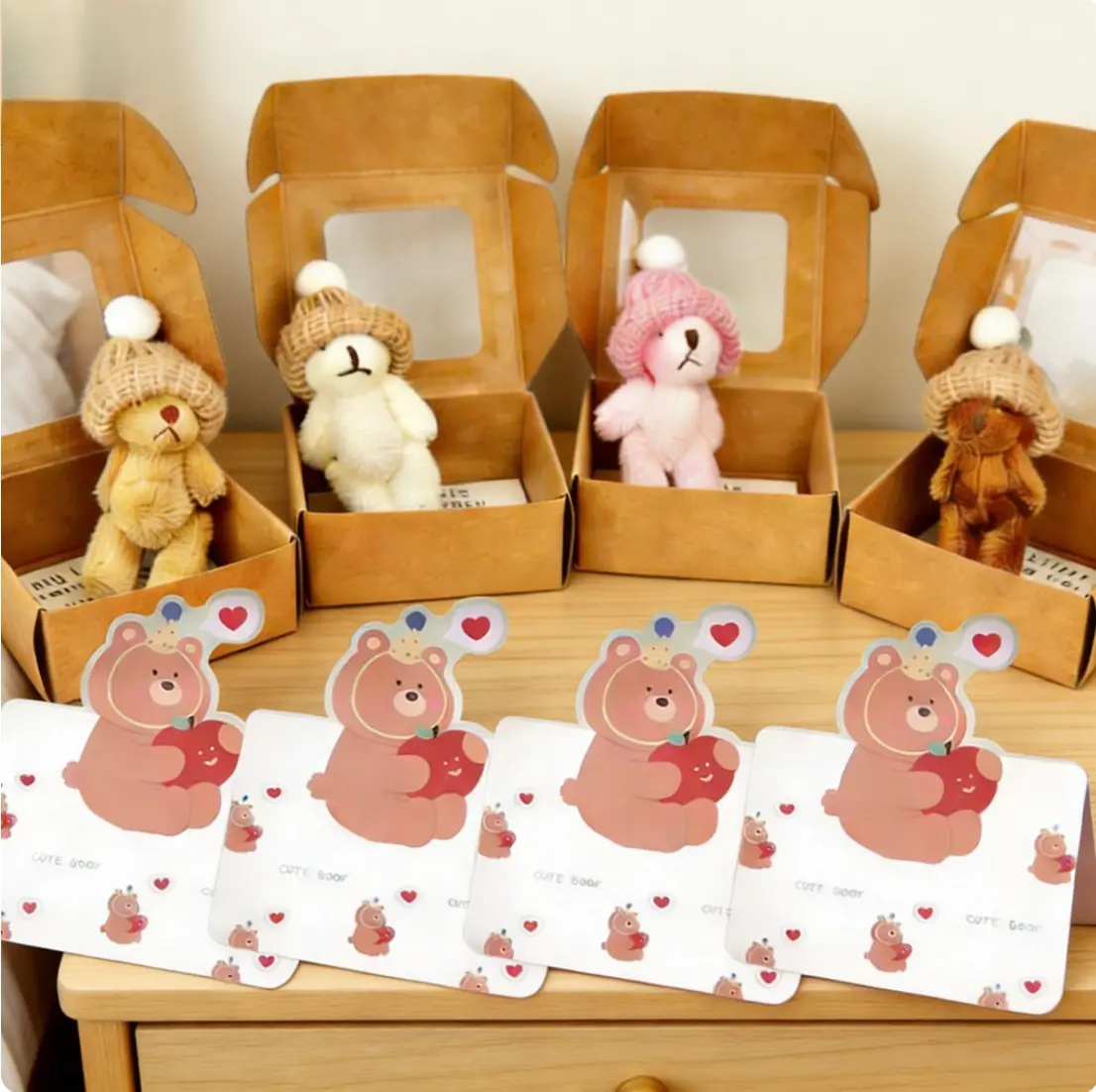 4 pcs Little Bear in Box,Mini Plush Bear Set with Greeting Card,Best Gift for School Classroom Exchange Supplies,Perfect Halloween Thanksgiving Christmas Valentine Easter Stuffer Mother Father Day Gift