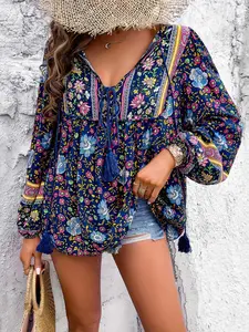 Women's All Over Floral Print Tassel Tie Front Blouse, Boho Casual Bishop Sleeve Tie Neck Top for Summer, Ladies Clothes for Vacation Holiday