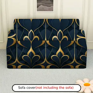 1Pc Geometric Art Deco Pattern Dark Blue Gold Stretch Sofa Cover - Soft, Breathable with Elastic Fit, Machine Washable, Perfect for Living Room & Study Decor, Sofa Covers for Living Room.