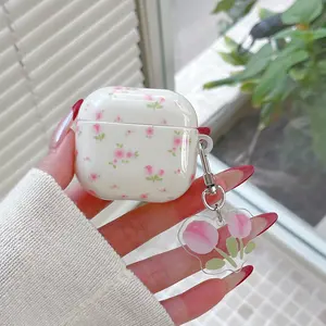 Fashion Fresh Bright Tulip Flower Cream Texture Full Cover Earphone Box + Flower Hanging Strap, Fits AirPods 4th Gen/3rd Gen/pro