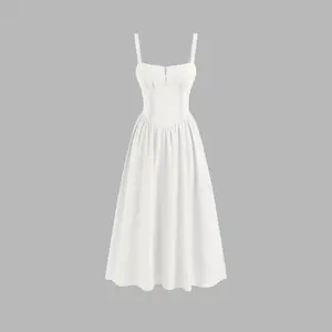 Cider [2 colors, size 0-26] Cotton-blend Square Neck Lace Up Ruffle Maxi Dress