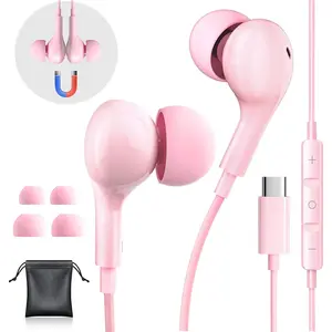 F-HPS24  USB C Headphones Wired Earbuds for iPhone 16/15 Pro Max/iPad Pro, with HiFi Mic Volume Control Type C Earphones for Samsung Galaxy S25/S24/S23 Ultra, Noise Cancelling for iPhone 15 Headphones, Pink