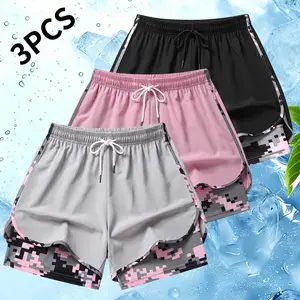 Women's Fake Two-Layer Athletic Shorts with Camo Inner Layer, Illusion Hem Quick Dry Breathable Gym Running Bottoms, Lightweight Camo Liner Reveal for Summer Training, Yoga & Sports