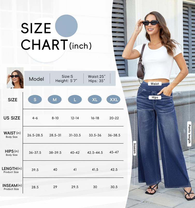 FireSwan Women's Wide Leg Jeans High Waisted Stretchy Denim Pants Elastic Waist Pull On Sweatpant Jeans Trendy Baggy Loose All Seasons Minimalist Basic Trouser Pocket Streetwear Womenswear Bottoms Basic