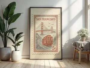 Vintage San Francisco Travel Poster: Golden Gate Bridge & Cable Car