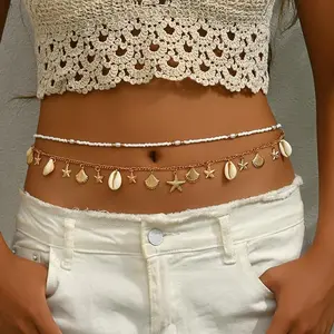 Ocean-Style Shell & Starfish Casual Vacation Rice Bead Women’s Waist Chain Two-Piece Set