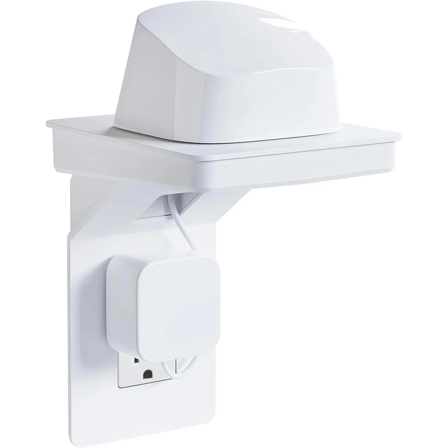 ECHOGEAR Outlet Shelf (White/Grey) - Next-Gen Design with Built-in Cord Storage & Room for Bulky Plugs - Works with Both Standard & Decora Outlets - Quick Install with Included Hardware