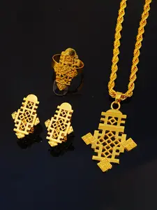Three-Piece Jewelry Set, Necklace, Earrings, Ring, Cross Pendant, Luxurious Middle Eastern Design, Elegant Bride Gift, Wedding Jewelry Sets For Brides, All Seasons, Statement Ring Set