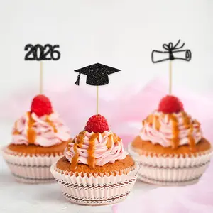 12Pcs/Set 2026 Graduation Party Cake Toppers, Glitter Grad Cap, Diploma & 2026 Number Dessert Decor Picks, Perfect for Class of 2026 Graduation Party Cupcake Decor