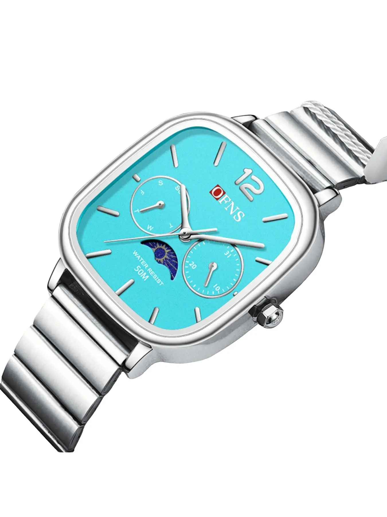 Ofns New Moon Phase Classic Six-Hand Calendar Quartz Analog Watch, Unisex Fashion Casual Steel Band, Stylish Timepiece for Men and Women