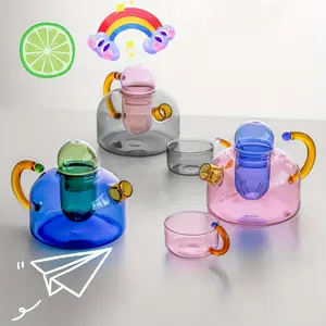 Creative Color Block Heat Resistant Glass Tea Pot with Infuser and Separator for Home Electric Stove and Enamel Cooker