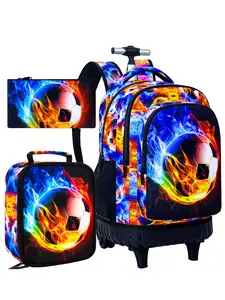 3PCS Boys Rolling Backpack, Men Flames Football Backpacks with Wheels Water-Resistant Travel Roller Wheeled Bookbag