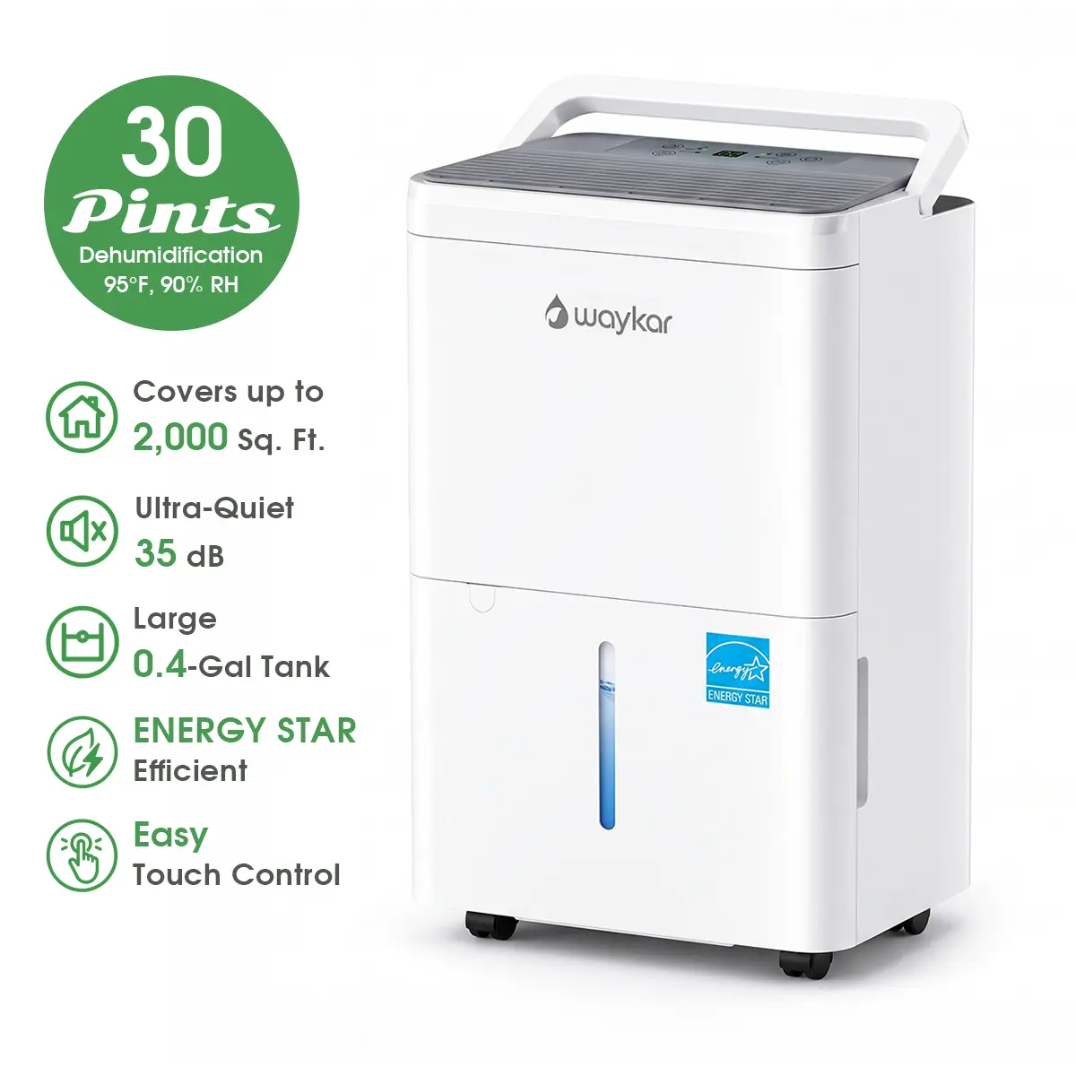 Waykar 30-Pint ENERGY STAR Dehumidifier for Home & Basement, Up to 2,000 Sq. Ft., 35dB Quiet, 4 Modes, Portable, Smart Humidity Control, Washable Filter, Drain Hose, Auto Defrost