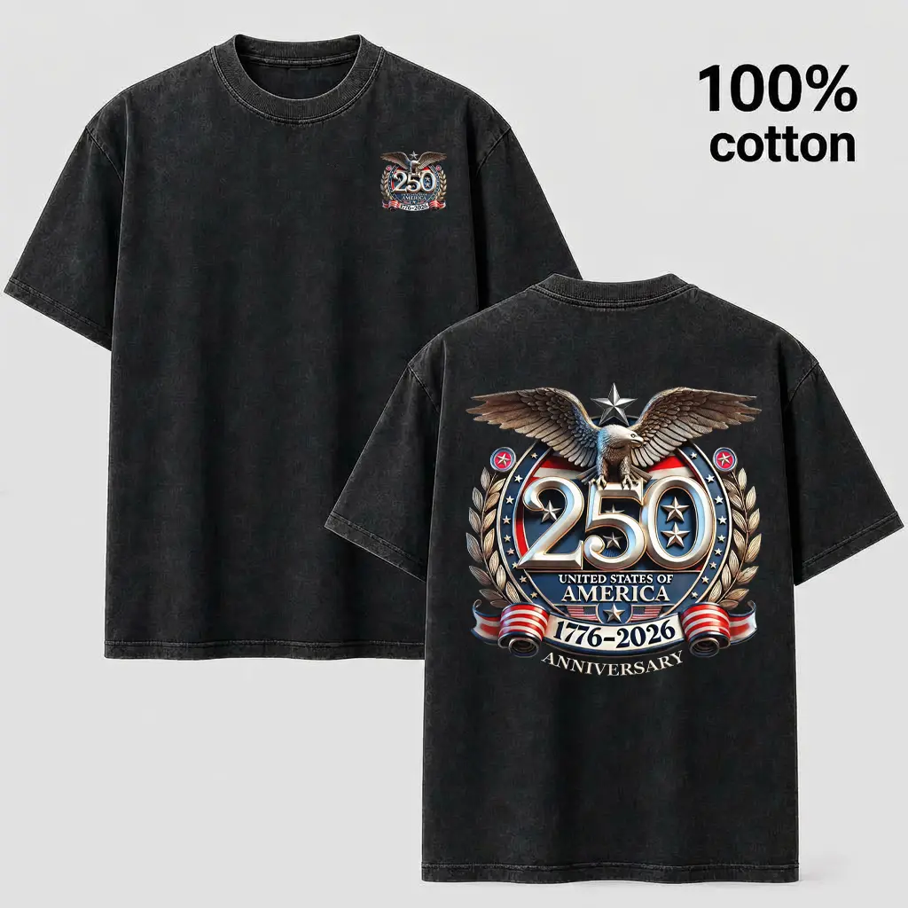 Vintage Washed USA 250th Anniversary Print T-Shirt - Patriotic Eagle Design