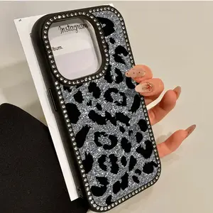 Phone Case - This Flip Phone Case Features a Black Shiny Leopard Print Pattern And a Diamond Studded Design, Suitable for a Variety of Iphone 17, 16, 15 Pro, 14, 13, 12 Pro, And 11 Pro Max Series. Fashion Additions, Reversible Protective Case