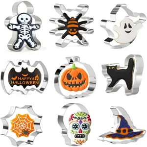 Halloween Cookie Cutter Set 10 Pieces, Ghost Bat Pumpkin Witch Hat Cat Skull Spider Web Coffin Tombstone Shapes, Stainless Steel Baking Mold