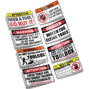 8-Piece Funny Toolbox Warning Sticker Set - 'Grumpy No Borrowing/Tampering' Humorous Decals, Fun Designs, Mechanic Motifs, Versatile Use, Exclusive Goofy Alert Stickers for Toolboxes, Garage & Workshop Storage