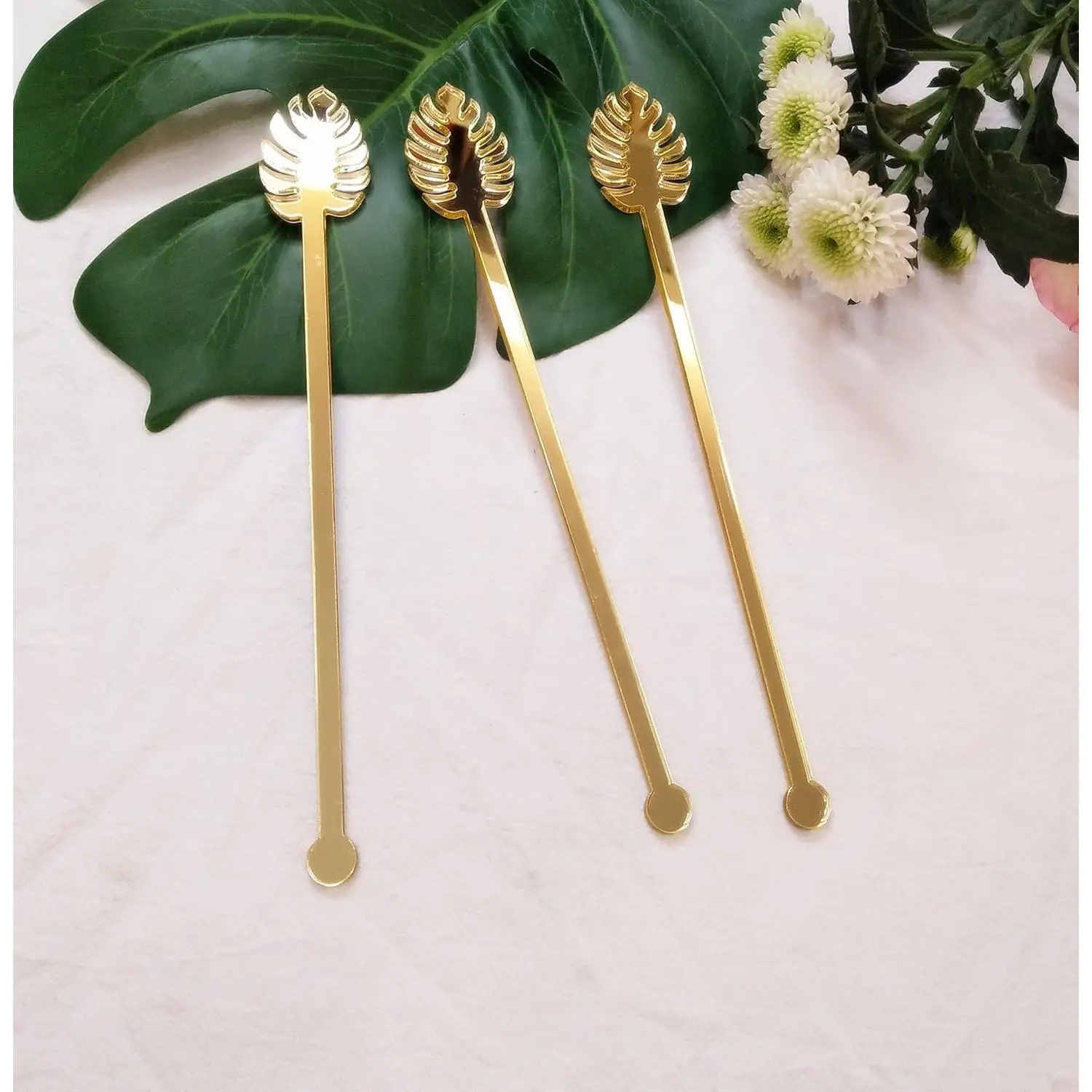 20PCS Monstera Leaf Stir Sticks, Acrylic Tropical Leaf Swizzle Sticks, Drink Stirrers, Laser Cut Wedding Decor Drink Stirrers Swizzle Sticks (Gold Mirror)