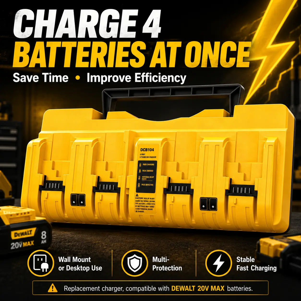 4-Port Fast Charger for DEWALT 20V MAX Lithium-Ion Batteries, LED Indicators, Multi-Protection, Wall-Mountable Replacement Charging Station, 4-Port Charger