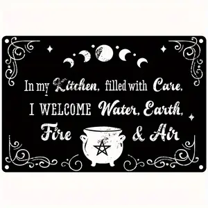 "" 1count, Vintage Kitchen Witch Signs - Water, Earth, Fire, Air - Waterproof Metal Wall Art for Farmhouse Decor - 12 "" "" x 8 "" "(30cm x 20cm)""