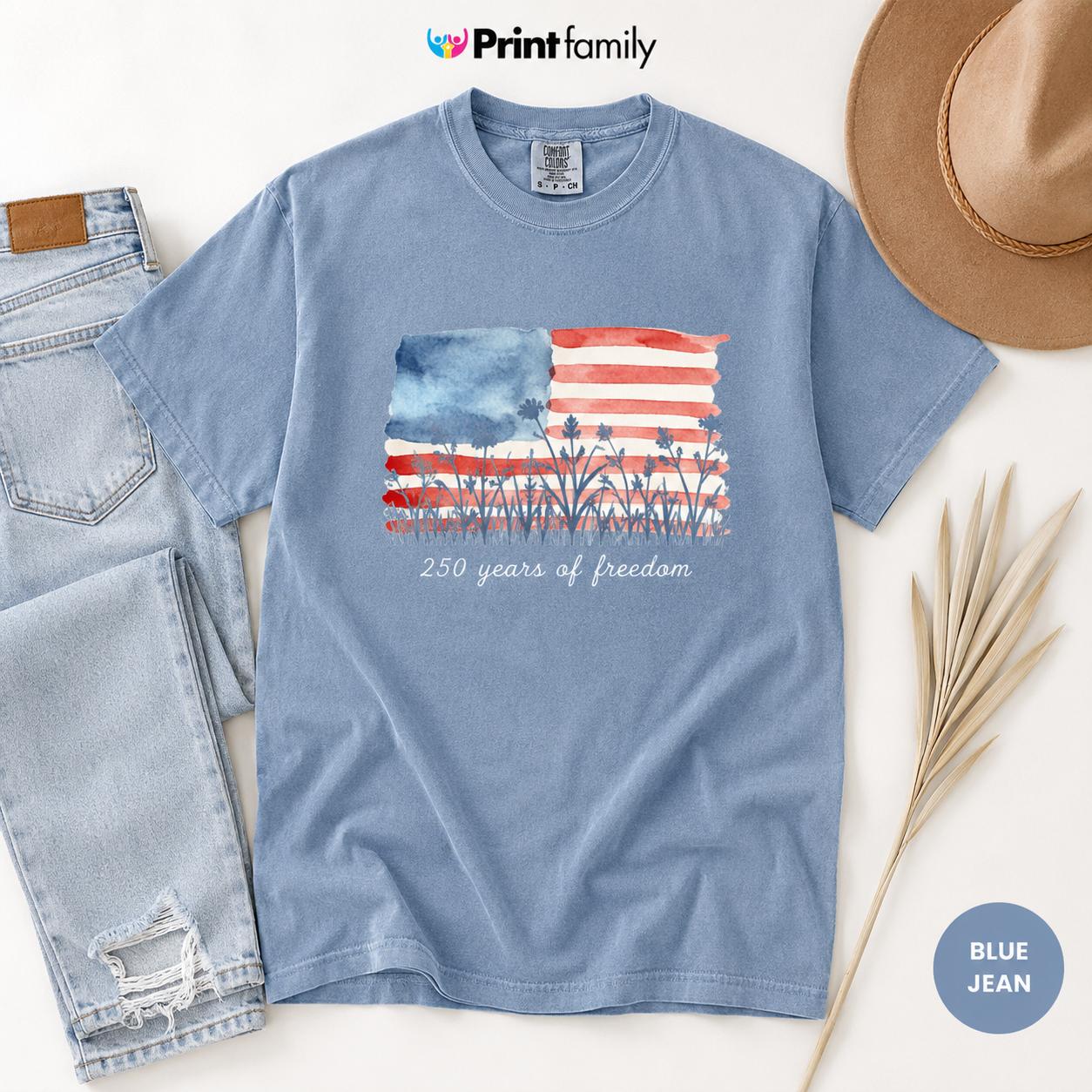 Comfort Colors Patriotic Shirt, 250 Years of Freedom Wildflower Shirt, America 250th Tee, Fourth of July Floral Shirt, Floral Vintage Flag- Printfamily