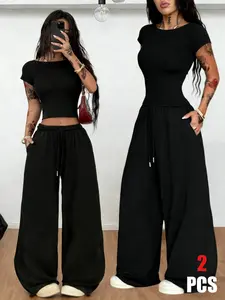 Black Y2K Backless Loungewear Set, Womenswear: Comfortable Soft Crop Top & Wide-Leg Sweatpants | Trendy TikTok Popular Style, Perfect for Home, Daily Outings, and Leisure | Comfortable Streetwear Style, Pajama Set