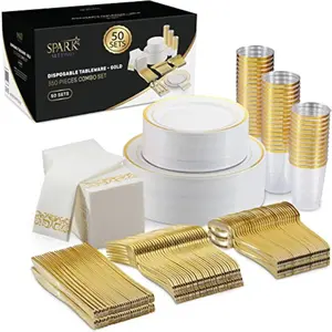 Gold Plastic Plates For Party - Silverware - 350 PC Wedding Dinnerware Set For 50 Guests, 100 Plastic Party Plates, 50 Cups, 50 Gold Cutlery Sets & 50 Napkins - By SparkSettings