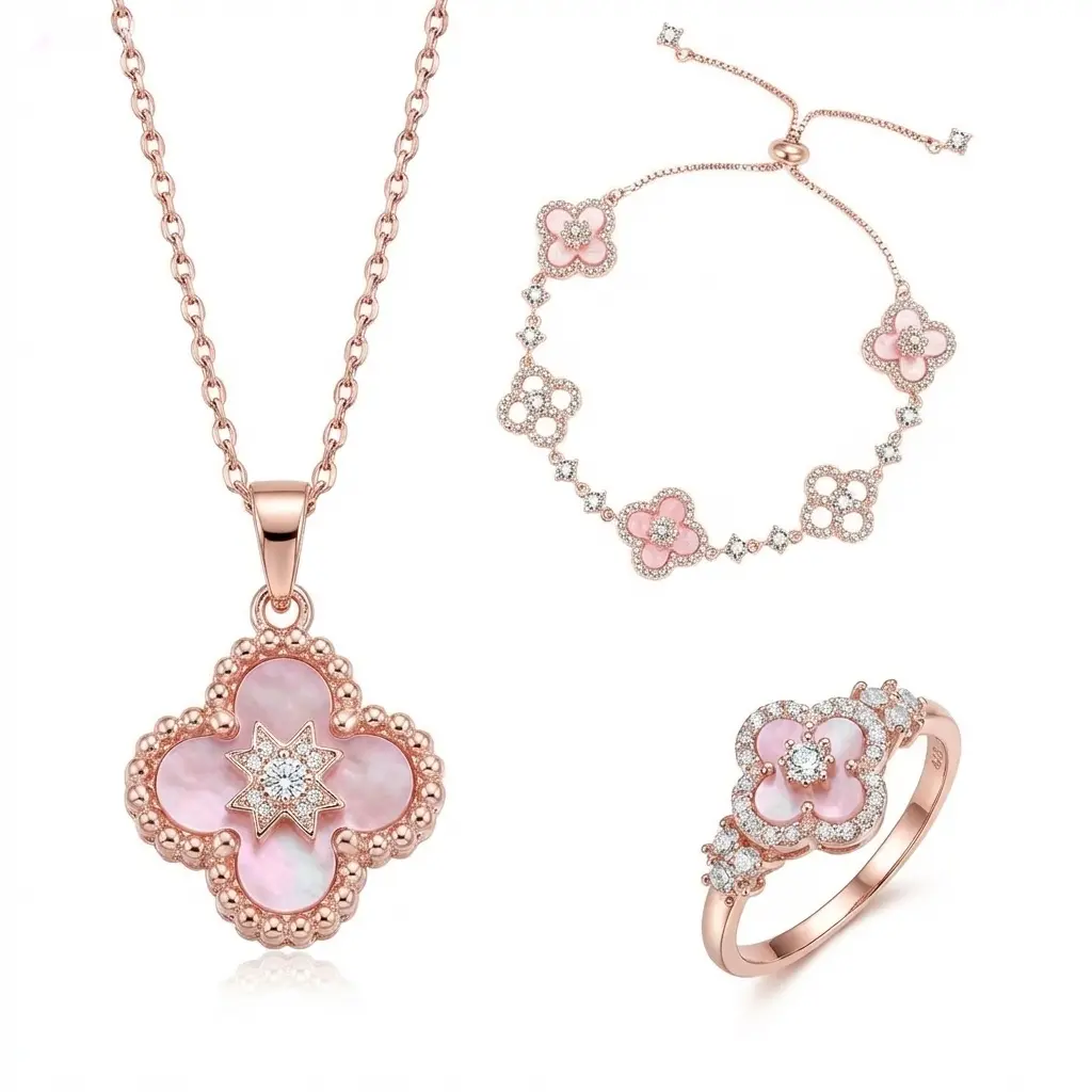 Women's 3-Piece 4-Leaf Clover Set - Necklace, Ring, Bracelet, Lucky Charm Symbolic Style Accessory, Loving Gift for Mom or Girlfriend, Jewelry for Women