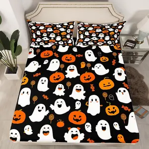 Feelyou Kawaii Halloween Microfiber Bedding Set - Decorative Bedsheet Sets, Pumpkin Lantern Decor, Ghost Spider Fitted Sheet, Cute Black Design (No Top Sheet)