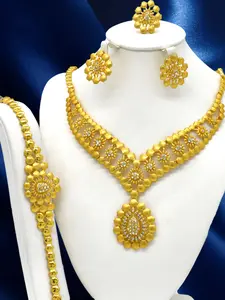 Indian Jewelry Set for Women, 4-Piece Crystal Drop Design, Dubai Arabic Style Necklace Bracelet Ring Earrings, Party Accessory Gift