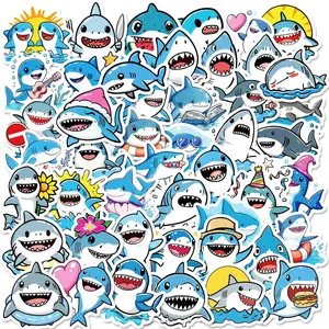 Cartoon Shark Pattern Sticker, 50pcs/set Cute Self Adhesive Decorative Stickers, DIY Decals for Water Bottle, Laptop, Phone Case, Protector
