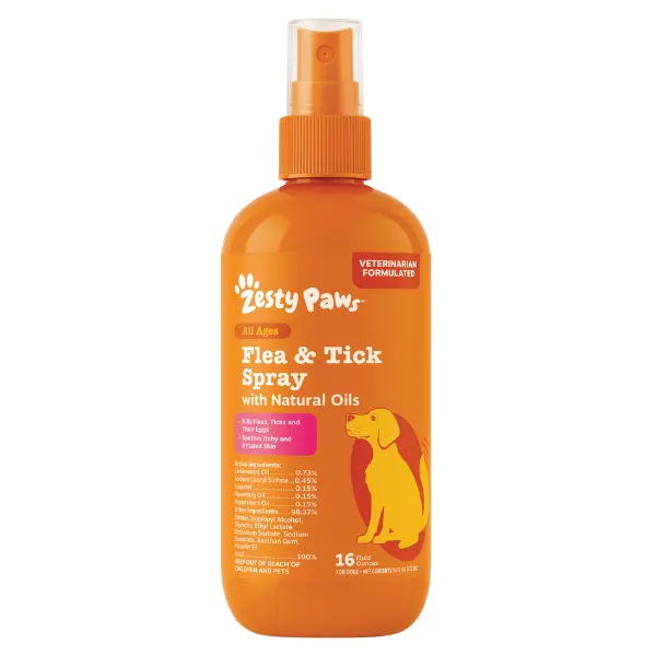 Zesty Paws Flea & Tick Natural Soothing Spray for Dogs 16 fl oz Vet-Formulated with Clean Cedarwood Rosemary & Peppermint Oils