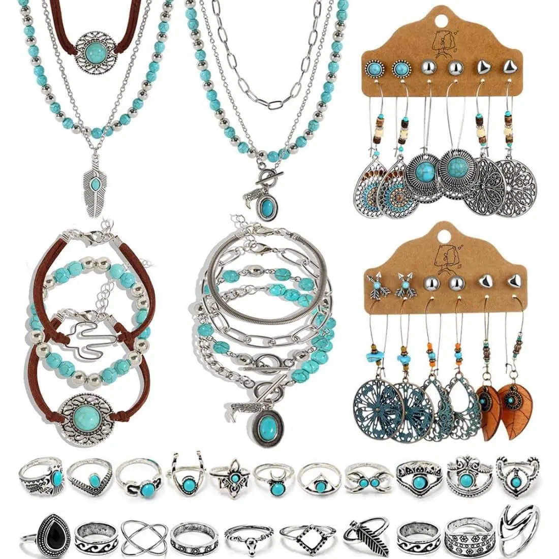 Women's 46PCS Silver Bohemian Costume Jewelry Set - 6 Turquoise Necklaces, 12 Pairs Dangle Earrings, 7 Stackable Bangle Bracelets, 21 Knuckle Rings for Retro Western Style, Birthday Gift