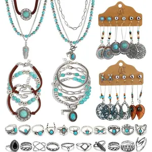46PCS Silver Bohemian Jewelry Sets With 6pcs Turquoise Necklace,12 pairs Dangle Earrings, 7pcs Stackable Bangle Bracelets, 21pcs Knuckle Rings For Women Retro Western Boho Turquoise
