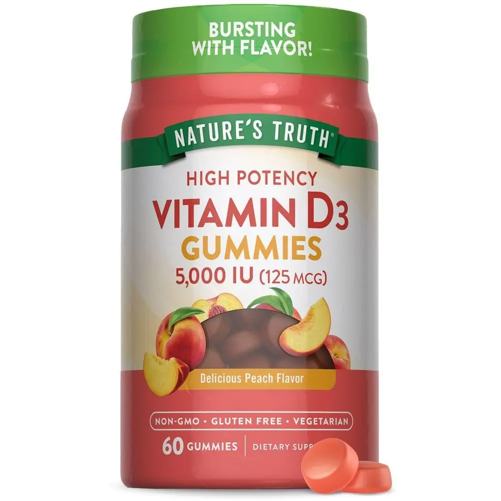 Nature's Truth Vitamin D3 5000 IU (125 mcg) - High Potency - 60 Count - Peach Flavor - Vegetarian, Non-GMO & Gluten Free Supplement
